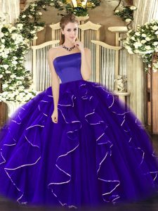 Sleeveless Tulle Floor Length Zipper Quinceanera Gowns in Blue with Ruffles