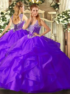 Tulle Straps Sleeveless Lace Up Beading and Ruffles Quinceanera Dresses in Purple