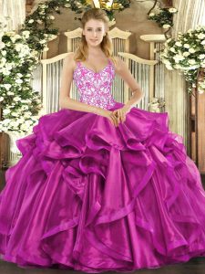 Fuchsia Ball Gowns Organza Straps Sleeveless Beading and Appliques and Ruffles Floor Length Lace Up 15th Birthday Dress