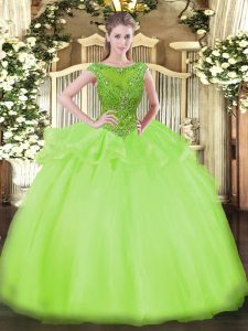 Yellow Green Scoop Zipper Beading 15th Birthday Dress Cap Sleeves