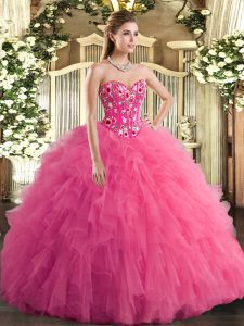 Sweetheart Sleeveless Sweet 16 Dress Embroidery and Ruffles Hot Pink Tulle