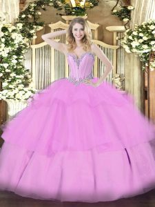 Beading and Ruffled Layers Ball Gown Prom Dress Lilac Lace Up Sleeveless Floor Length