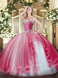 Coral Red Tulle Lace Up Vestidos de Quinceanera Sleeveless Floor Length Beading and Ruffles