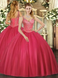 Exceptional Sleeveless Floor Length Beading Lace Up Ball Gown Prom Dress with Red