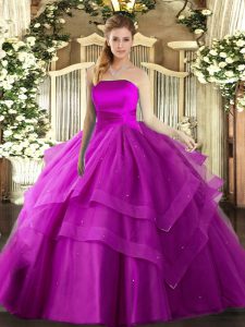 Amazing Fuchsia Lace Up Strapless Ruffled Layers Vestidos de Quinceanera Tulle Sleeveless
