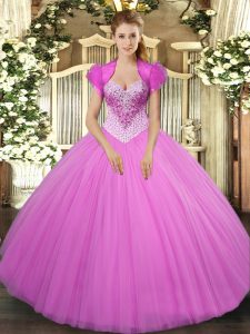 Extravagant Lilac Ball Gowns Beading 15th Birthday Dress Lace Up Tulle Sleeveless Floor Length