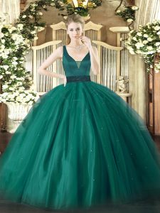 Hot Sale Tulle Straps Sleeveless Zipper Beading Quince Ball Gowns in Teal