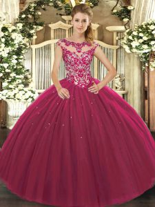 Fitting Fuchsia Scoop Neckline Beading and Appliques Quinceanera Dress Cap Sleeves Lace Up