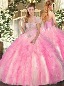 Tulle Strapless Sleeveless Lace Up Appliques and Ruffles Sweet 16 Quinceanera Dress in Rose Pink