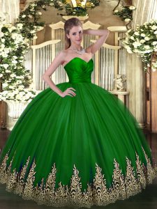 Green Zipper 15 Quinceanera Dress Appliques Sleeveless Floor Length