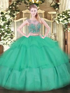 Scoop Sleeveless Lace Up Vestidos de Quinceanera Turquoise Tulle