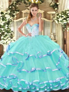 Decent Beading and Ruffled Layers Quince Ball Gowns Turquoise Lace Up Sleeveless Floor Length
