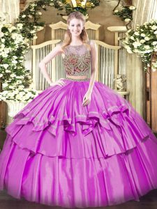 Customized Floor Length Lilac 15 Quinceanera Dress Organza and Taffeta Sleeveless Beading and Ruffled Layers
