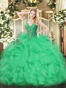 Charming Green Quinceanera Dresses Military Ball and Sweet 16 and Quinceanera with Beading and Ruffles V-neck Sleeveless Lace Up