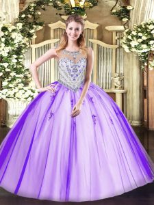 Elegant Lavender Ball Gowns Beading and Appliques Quinceanera Gown Zipper Tulle Sleeveless Floor Length