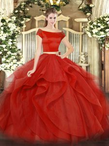 Red Off The Shoulder Neckline Appliques and Ruffles 15th Birthday Dress Short Sleeves Zipper