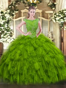 Artistic Olive Green Scoop Zipper Beading and Ruffles Ball Gown Prom Dress Sleeveless