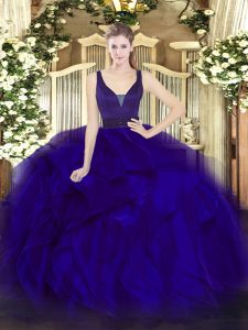 Edgy Blue Ball Gowns Straps Sleeveless Organza Floor Length Zipper Beading and Ruffles Quinceanera Gown