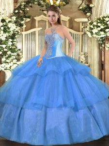 Most Popular Beading and Ruffled Layers Quinceanera Dress Baby Blue Lace Up Sleeveless Floor Length