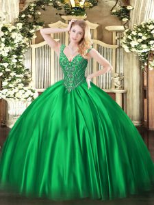 Sleeveless Floor Length Beading Lace Up Ball Gown Prom Dress with Green