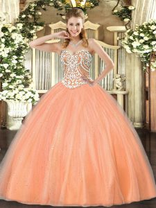 Peach Ball Gowns Beading Sweet 16 Dresses Lace Up Tulle Sleeveless Floor Length