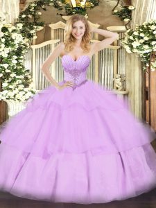 Lavender Sleeveless Tulle Lace Up Quinceanera Gown for Military Ball and Sweet 16 and Quinceanera