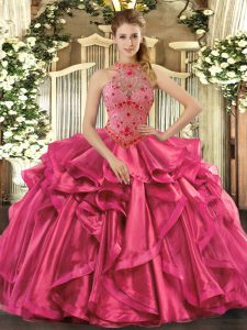 Organza Sleeveless Floor Length Ball Gown Prom Dress and Beading and Embroidery and Ruffles
