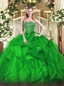 Fine Green Organza Lace Up Strapless Sleeveless Floor Length Vestidos de Quinceanera Beading and Ruffles