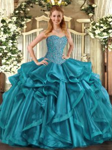 Teal Sleeveless Organza Lace Up Quince Ball Gowns for Military Ball and Sweet 16 and Quinceanera