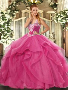 Beautiful Hot Pink Straps Neckline Beading and Ruffles Sweet 16 Quinceanera Dress Sleeveless Lace Up