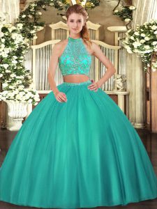 Sleeveless Floor Length Beading Criss Cross 15 Quinceanera Dress with Turquoise