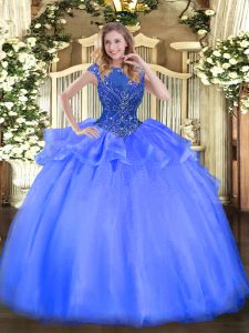 Great Blue Zipper 15th Birthday Dress Beading Cap Sleeves Floor Length
