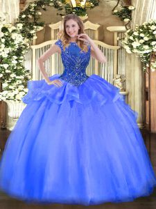 Great Blue Zipper 15th Birthday Dress Beading Cap Sleeves Floor Length