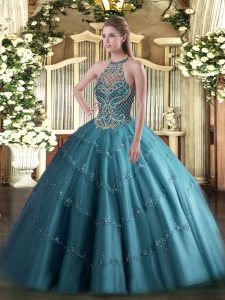 Sleeveless Floor Length Beading Lace Up Quinceanera Dresses with Teal