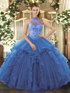 Blue Halter Top Neckline Beading and Embroidery and Ruffles Sweet 16 Quinceanera Dress Sleeveless Lace Up