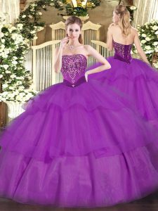 Shining Tulle Strapless Sleeveless Lace Up Beading and Ruffled Layers Sweet 16 Quinceanera Dress in Purple