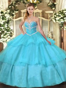 Floor Length Aqua Blue Ball Gown Prom Dress Sweetheart Sleeveless Lace Up