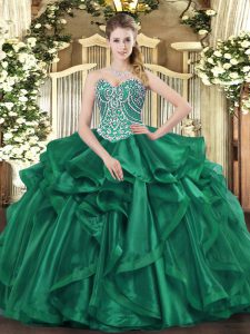 Customized Dark Green Organza Lace Up Quinceanera Gown Sleeveless Floor Length Beading and Ruffles