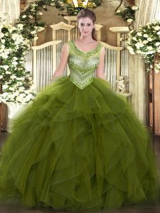 Modern Sleeveless Tulle Floor Length Lace Up 15th Birthday Dress in Olive Green with Beading and Ruffles