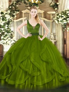 Fashionable Olive Green Tulle Zipper Straps Sleeveless Floor Length Quinceanera Dress Beading and Ruffles