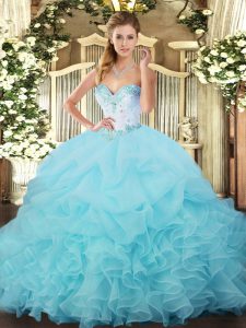 Unique Aqua Blue Sleeveless Floor Length Beading and Ruffles and Pick Ups Lace Up Quinceanera Gowns