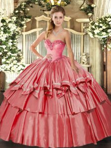 Coral Red Ball Gowns Beading and Ruffled Layers Quinceanera Gowns Lace Up Organza and Taffeta Sleeveless Floor Length