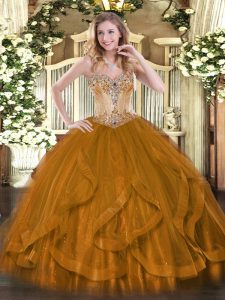 Customized Sweetheart Sleeveless Tulle Ball Gown Prom Dress Beading and Ruffles Lace Up