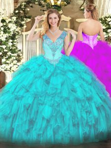 Suitable Aqua Blue V-neck Neckline Beading and Ruffles Vestidos de Quinceanera Sleeveless Lace Up
