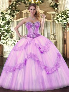 Lilac Sleeveless Floor Length Beading Lace Up 15th Birthday Dress