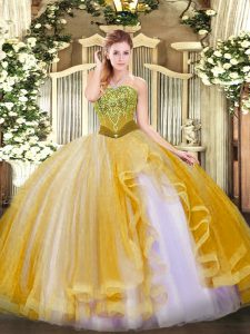 Strapless Sleeveless Lace Up Quinceanera Gowns Gold Tulle