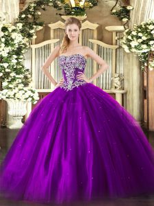 Custom Designed Sleeveless Tulle Floor Length Lace Up 15 Quinceanera Dress in Purple with Beading