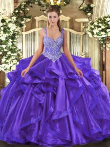 Classical Beading and Ruffles 15 Quinceanera Dress Purple Lace Up Sleeveless Floor Length