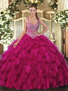 Dynamic Sleeveless Organza Floor Length Lace Up Quinceanera Gowns in Fuchsia with Beading and Ruffles