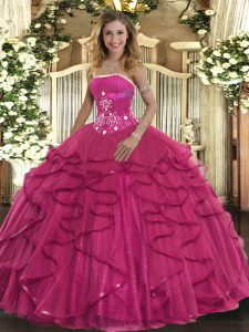 Tulle Strapless Sleeveless Zipper Beading and Ruffles Quinceanera Dresses in Hot Pink